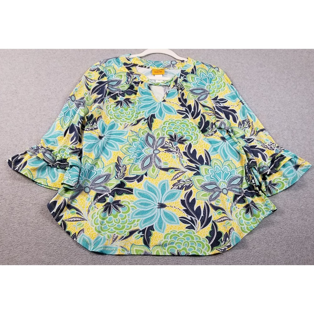 Ruby Rd Blouse Womens Large L Yellow Blue Floral Keyhole 3/4 Bell Sleeve Stretch